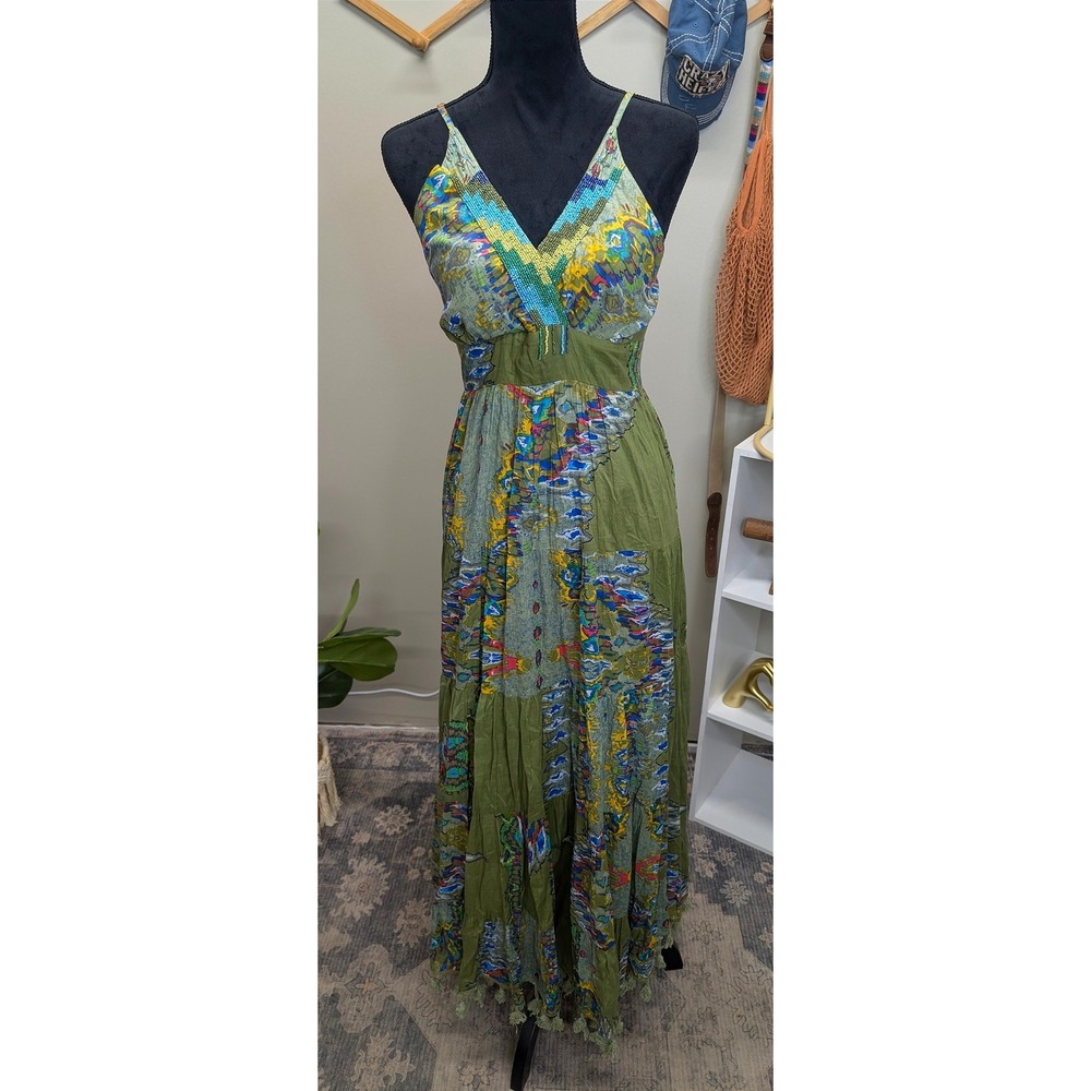 Barok Dress NJ Couture Paris Green Patchwork Beaded Tassel Cotton Maxi Large